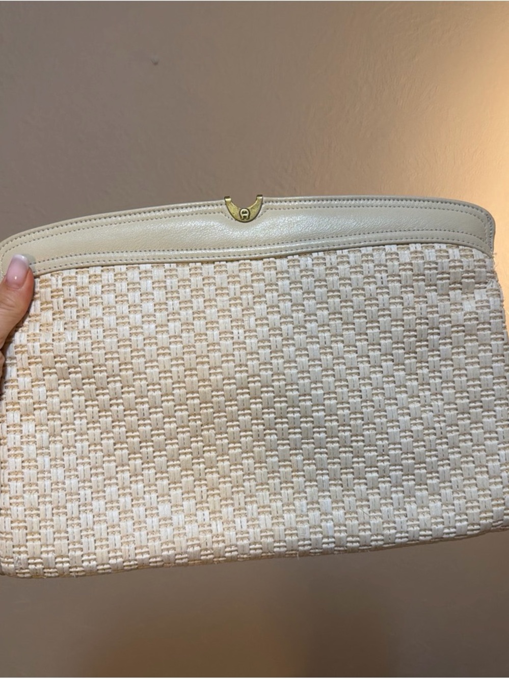 Cream Woven Clutch Bag with Gold Accent